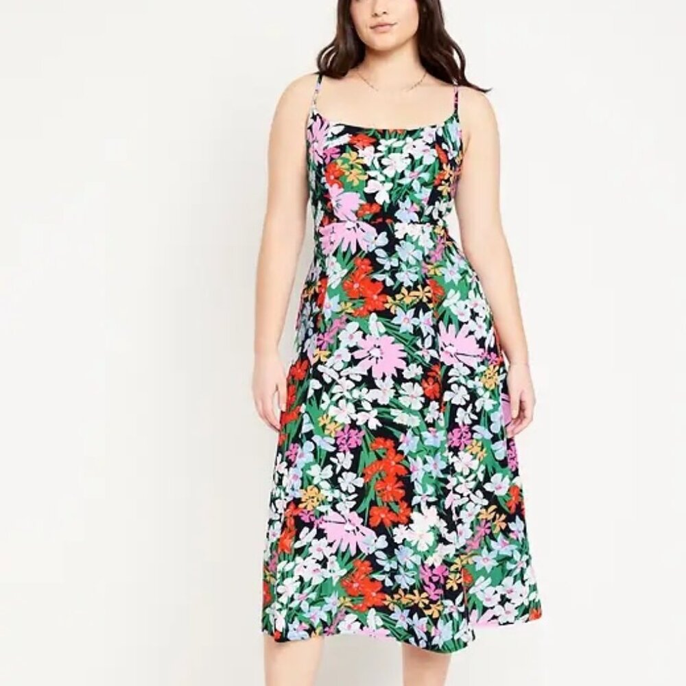 NWT OLD NAVY Fit & Flare Cami Midi Dress w POCKETS - Blue Multi Floral, Small